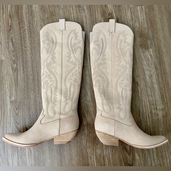 ✨New JEFFREY CAMPBELL Calvera 2k Western Tall Boots Nubuck Beige Womens 8M - Picture 7 of 15